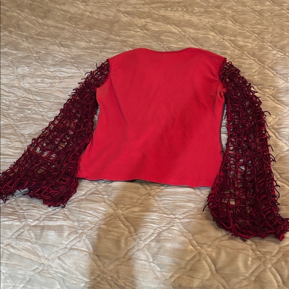 Kanika Cruz floral sequin embroidered open-knit crochet fringe sleeves top sz.S - Picture 9 of 13
